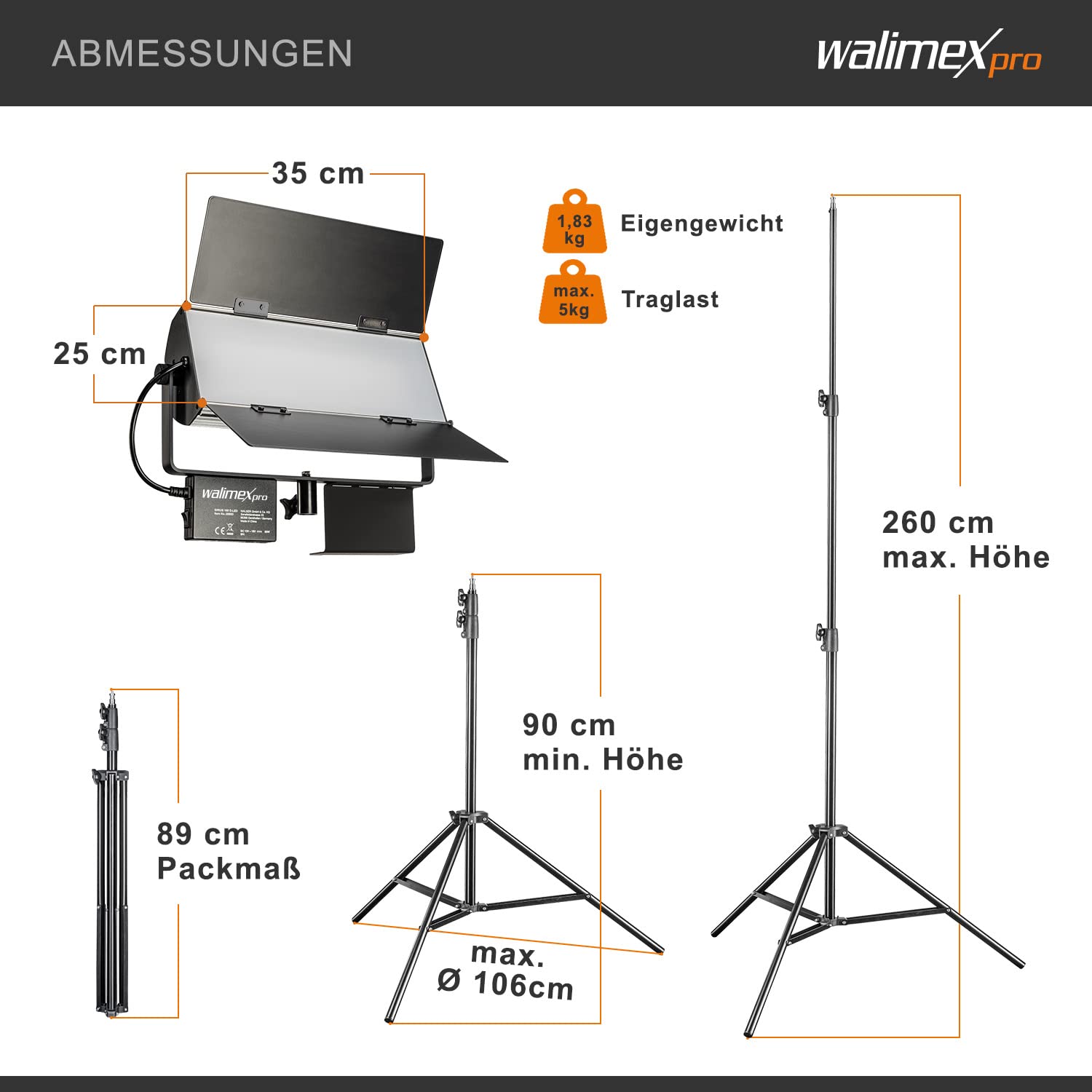 Walimex pro Set studio foto 2 Luci LED a pannello Sirius 160 daylight 65 W, 5600 K + 2 cavalletti fotografici con smorzamento a molla + telecomando