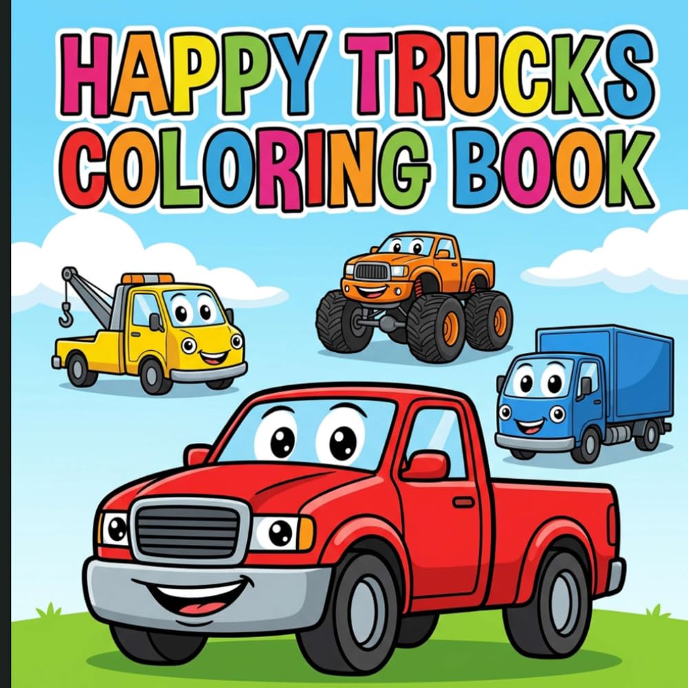Happy Trucks Coloring Book: Adorable Dump Trucks and Pickups with Expressive Faces and Decorative Borders for Joyful Screen-Free Activities