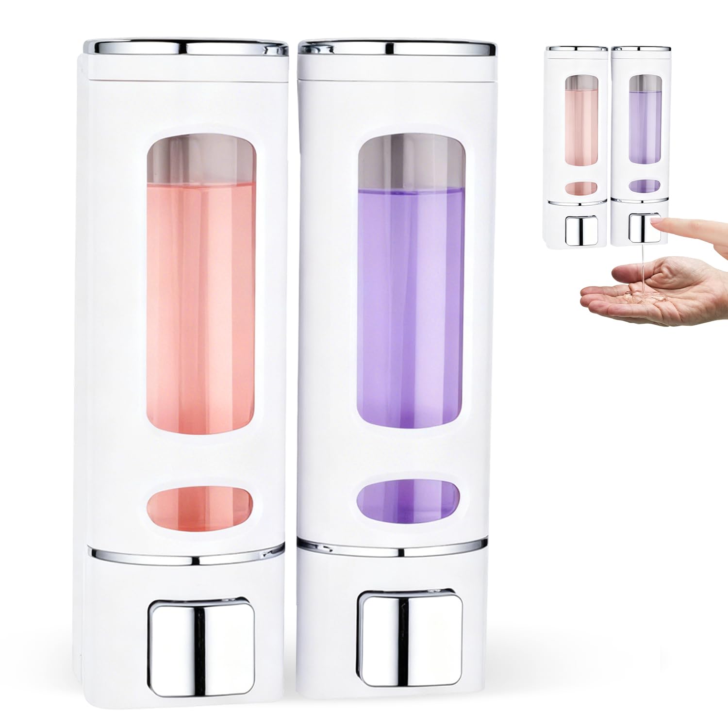 Wall Mounted Soap Dispenser, 800 ml Shampoo Shower Gel Dispenser, Set of 2, Soap Dispenser, No Drilling, Leak-Proof, Refillable Liquid Soap Dispenser for Sink, Kitchen, Bathroom, School, Hotel (White)