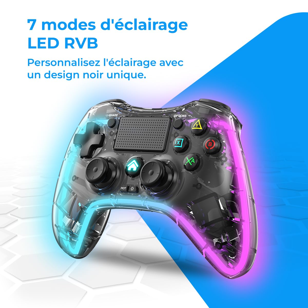 NK Manette pour PS4 / PC/Android - Manette sans fil avec 2-Shock, 6 axes, 2 boutons MACRO, 7 Modes de Lumière LED, Pavé Tactile, Prise Casque, Câble de Charge inclus - Noir Transparent