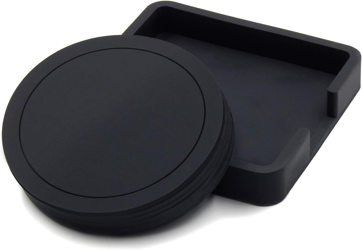 TOSSOW Silicone Coasters for Drinks with Holder Set of 6pcs Black, Non-Slip Heat Resistant Thick Insulation Durable Coffee Drinks Coaster Set Wine Cup Mat