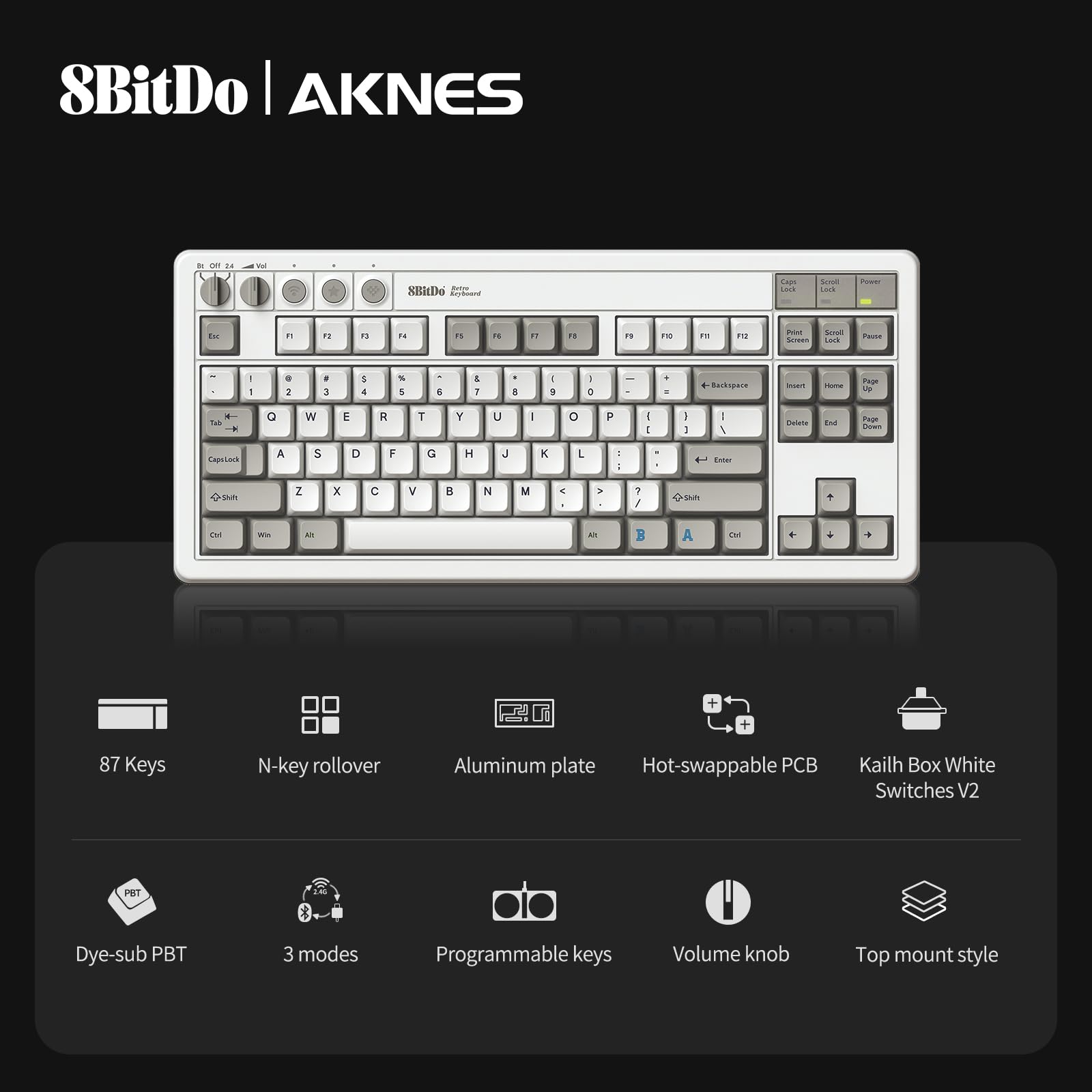 AKNES Retro Mechanical Keyboard, Hot Swappable Gaming Keyboard with 87 Keys, Dual Super Programmable Buttons, Bluetooth / 2.4G / USB-C Keyboard for Windows and Android - M Edition