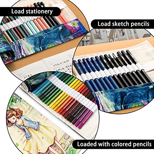 Image of Yitexin 72 Slots Canvas Pencil Roll Wrap, Handmade Roll-Up Pencil Case Pouch Fabric, Large Capacity Pencil Case Holder Organizer for Artists Painting, Sketchers(Black)