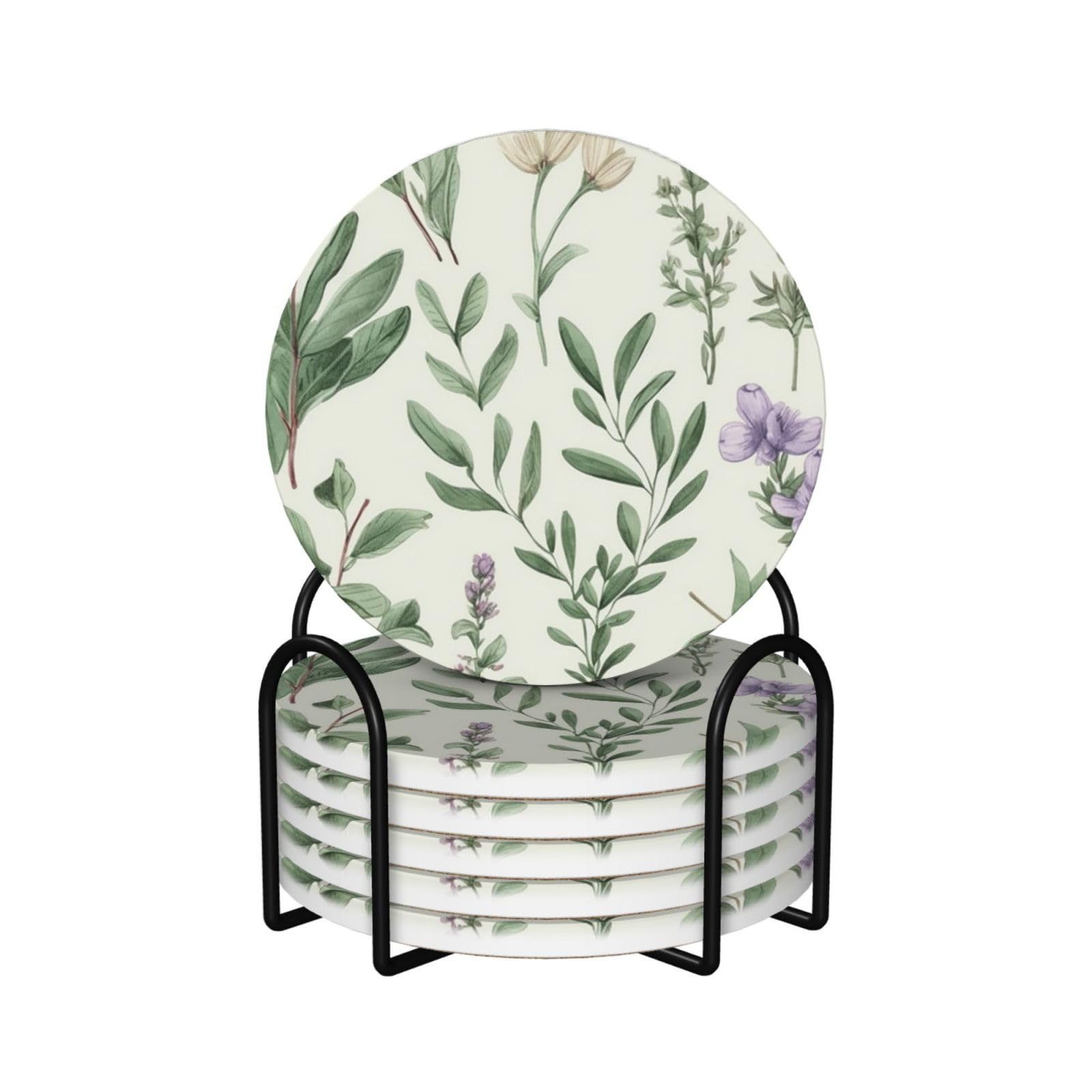 Dessous de verre en céramique lot de 6 avec support absorbant et dos en liège à motif de fleurs