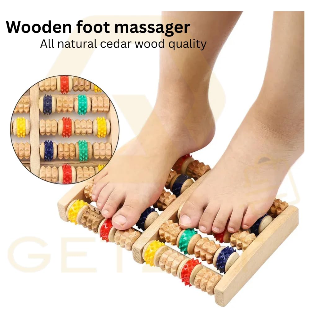 GETZET Acupressure Point Wooden Foot Massager Roller Relax Stress And Blood Circulation Relief Health Care Product Heal Board Five Roller Exercise lag Relaxation - Woodencolor. 4