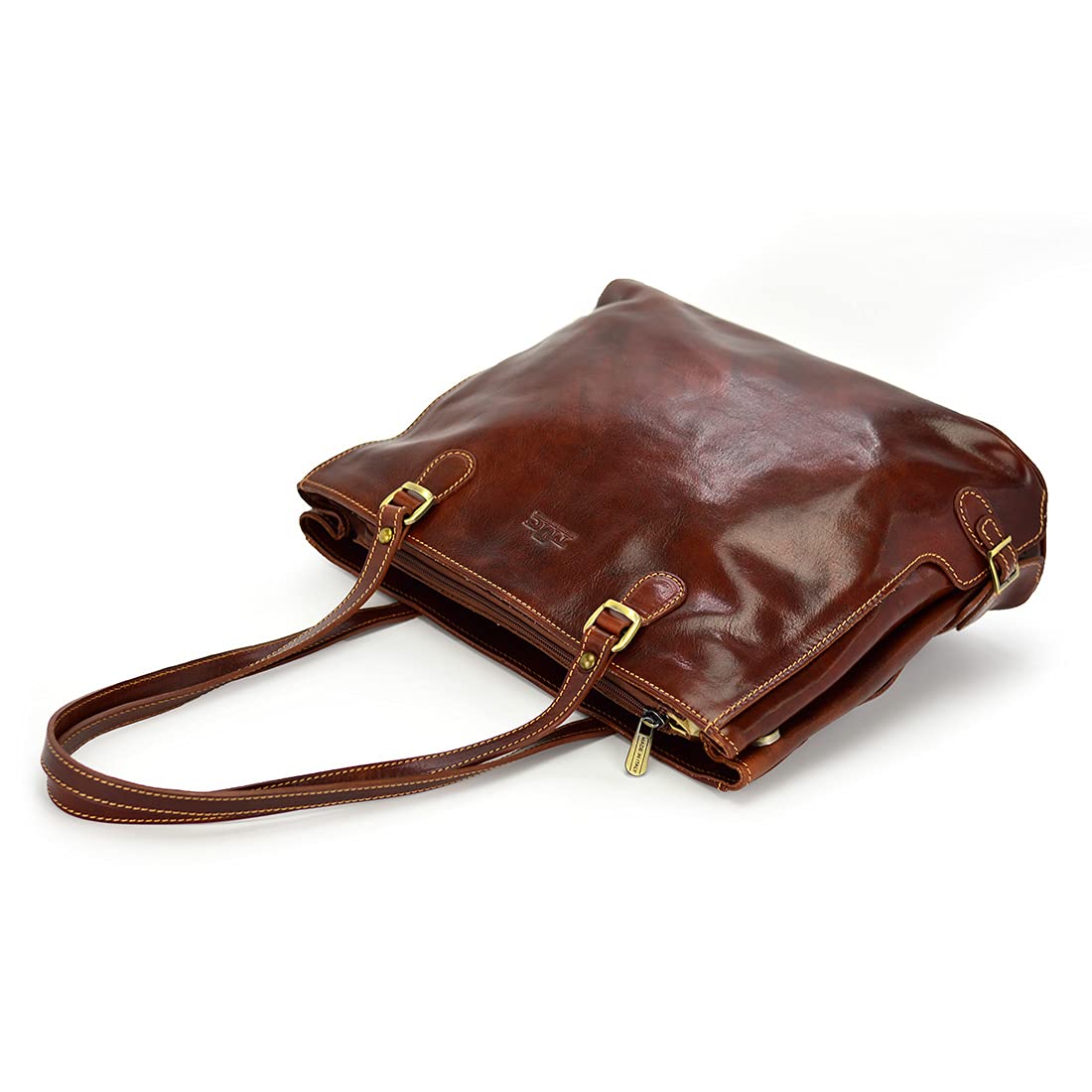 TMC LEATHER DIAMONDS Skórzana shopper Florence 14, brązowa, dwukomorowa, 40x12x28cm, złote okucia, skóra licowa, damska, naturalna
