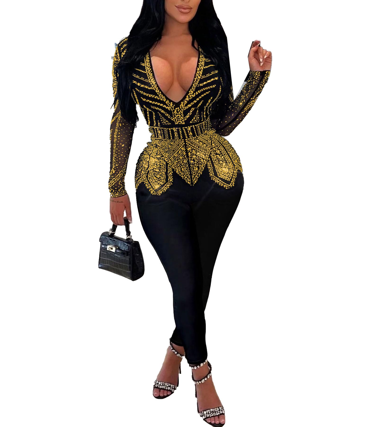 PORRCEY Sexy Jumpsuit for Women Sparkly Rhinestone Mesh See Through Hot Drilling Process Bodycon Party Club Night Romper