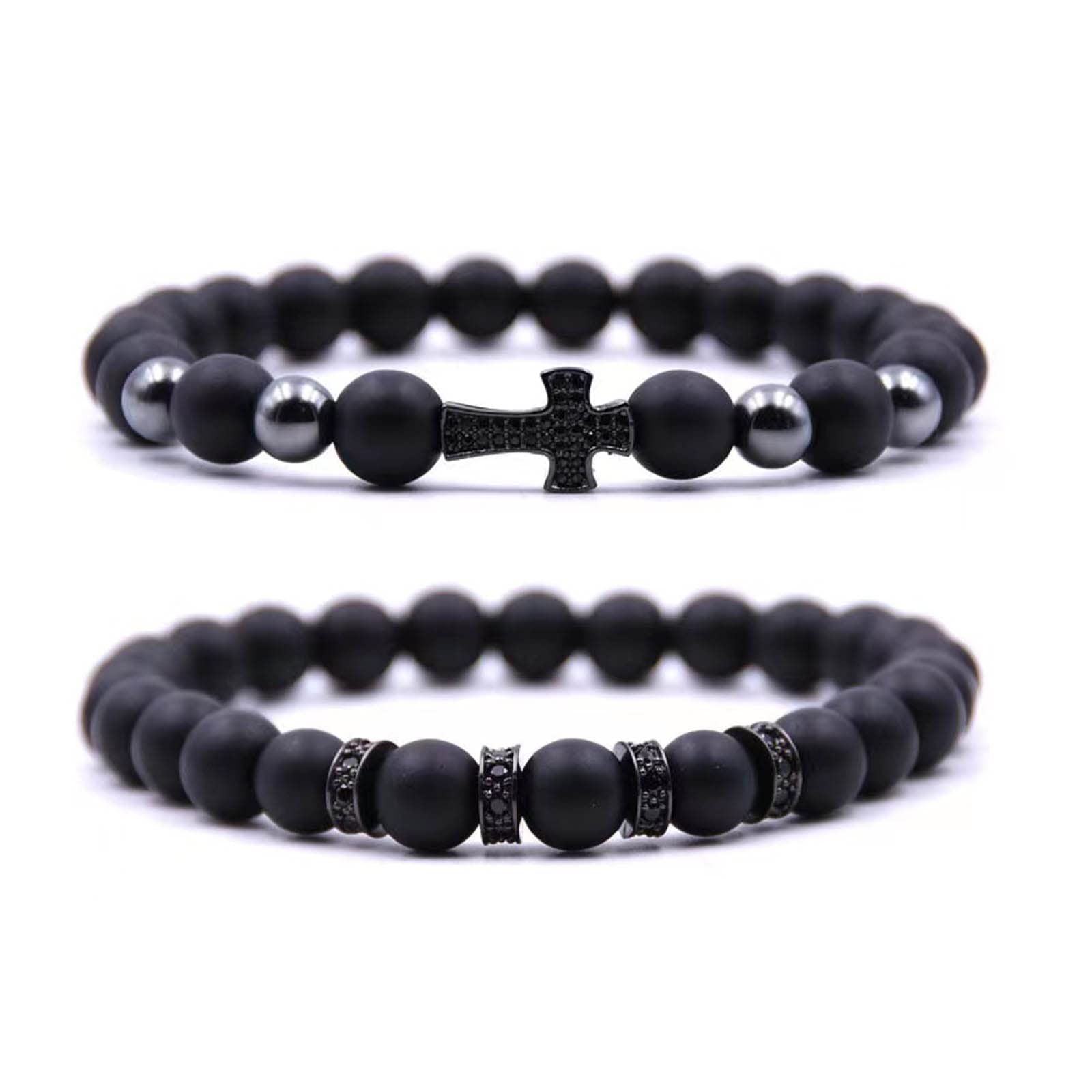ATIMIGO Stone Beads Bracelet CZ Black Cross Charm Black Matte Onyx Natural Stone Beads Bracelet Set for Men Women