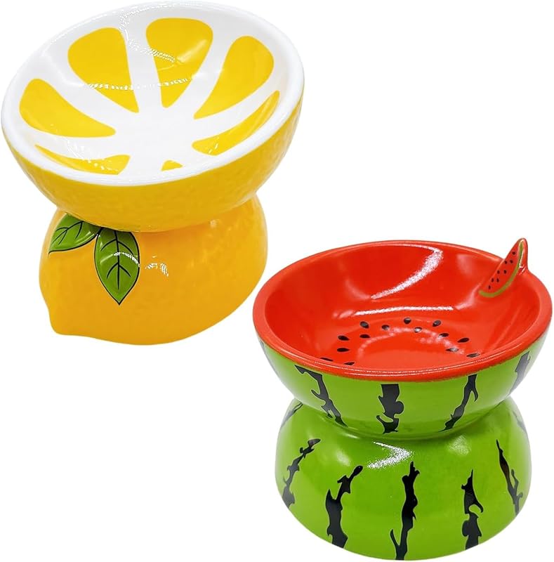 2PCS Ceramic Elevated Cat Bowls Raised Cat Food and Water Bowl Dishes Set | 5.2in Tilted Anti Vomiting Slow Feeder Cat Dishes, Whisker Friendly for Indoor kitten,Cute Watermelon & Lemon Design