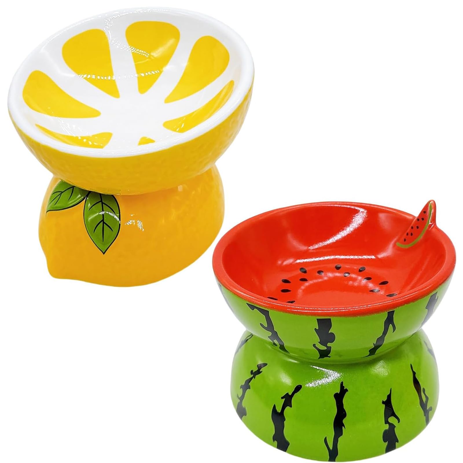 2PCS Ceramic Raised Cat Bowl Anti Vomiting Elevated Tilted Cat Food & Water Bowls Stress Free Pet Feeder Dish for Indoor Cats and Small Dogs. (M368(Lemon&Pitaya SHAPDE)) — image 1