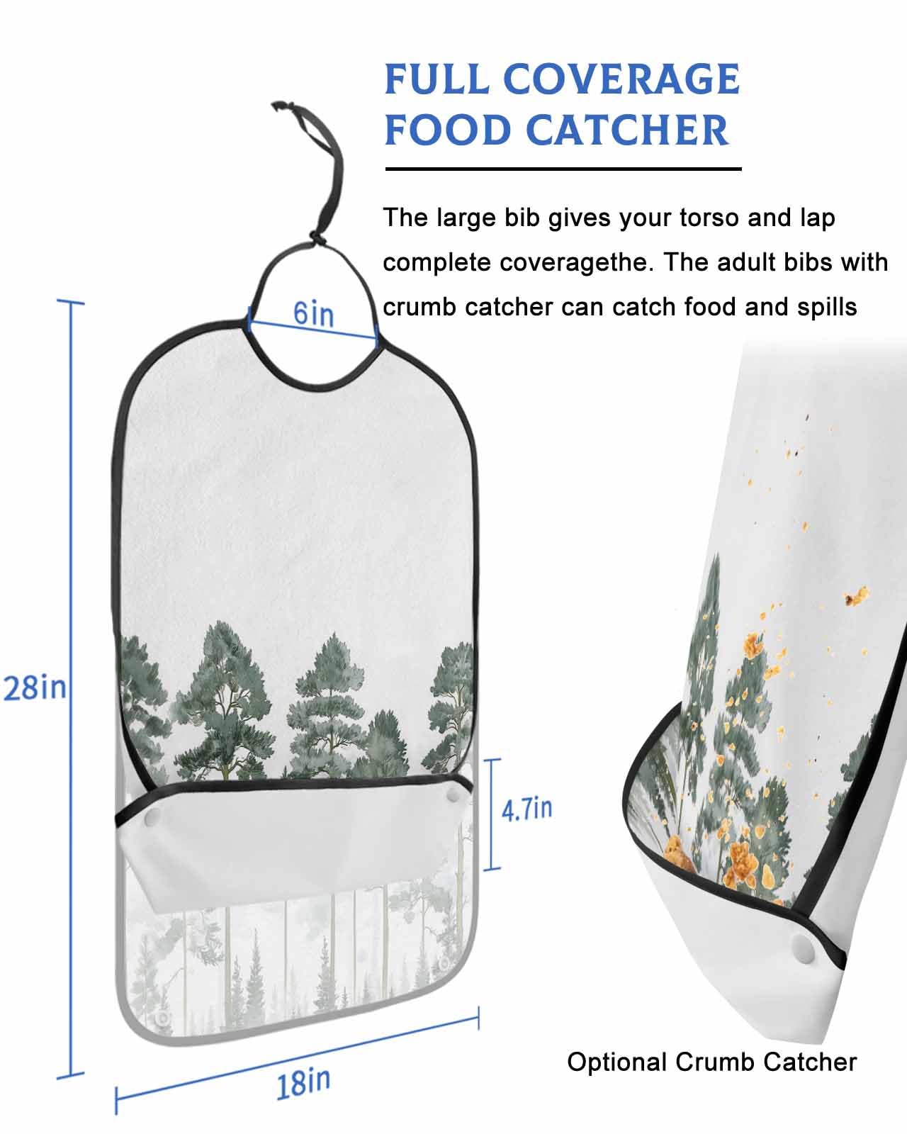Adult Bibs for Eating, Watercolor Green Forest Nature Ink Painting Washable Elderly Adult Bibs for Men Women Large Reusable Adjustable Clothing Protector with Optional Crumb Catcher