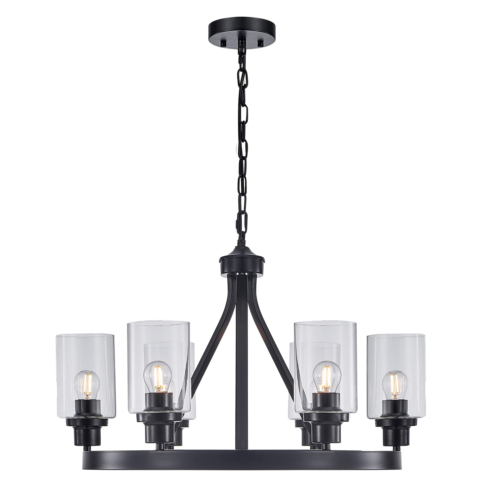 Seilisy 6 Lights Round Farmhouse Chandelier Lights, Vintage Rustic Pendant Ceiling Hanging Light Fixtures with Clear Glass Shade for Kitchen Island Living Dining Room Foyer Hallway Porch - Black