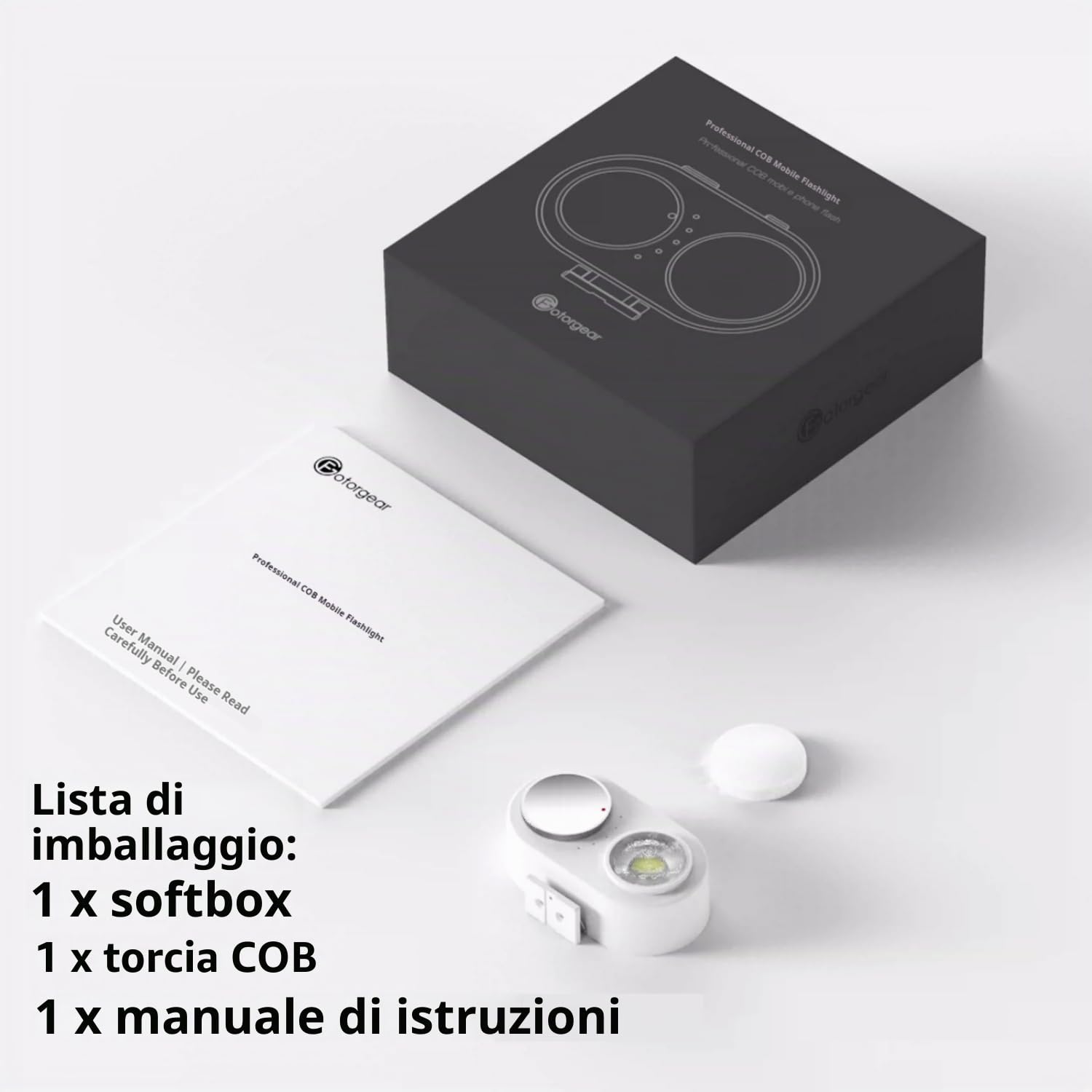 Fotogear FL01 COB - Luce flash per cellulare, 15 W, adesione magnetica, 35 g, 5700 K/92 + CRI, compatibile con iOS/Android per luce notturna, ritratto e fotografia di prodotto