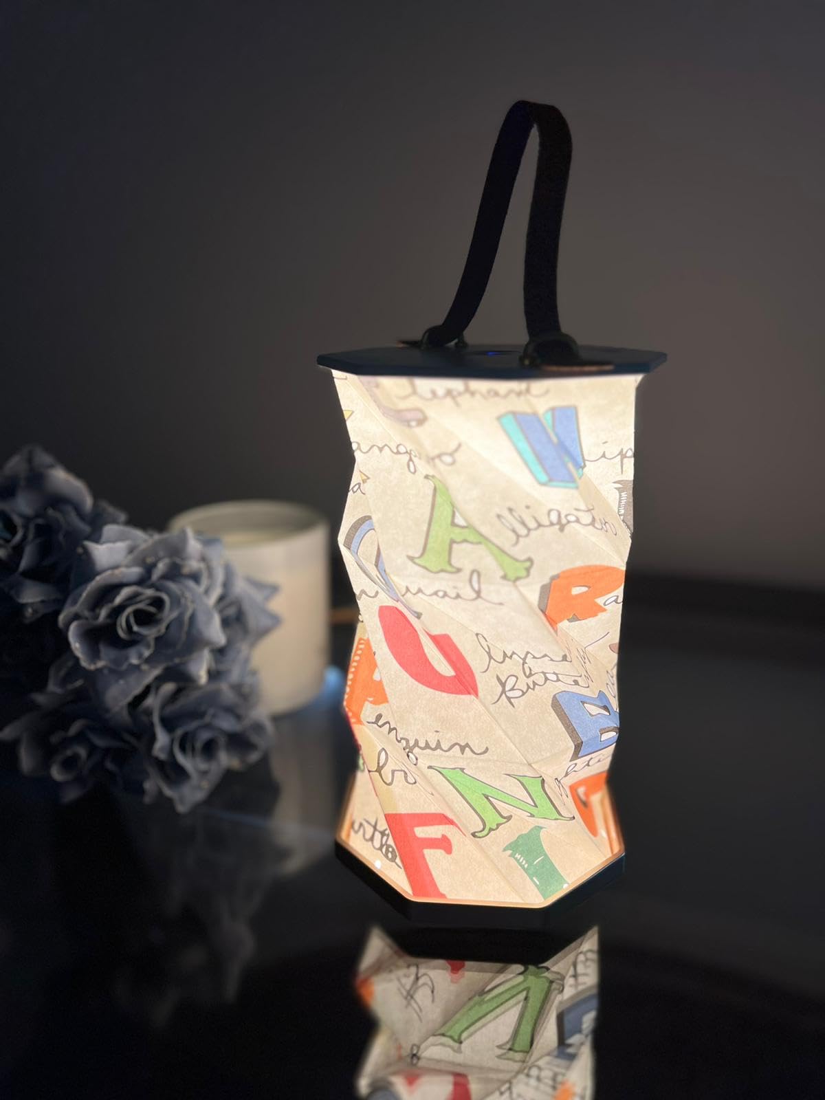 OMLAMP Wooden Smart Rotating Light,Novelty Folding Lamp, Night Light, USB Rechargeable Table Lamp, Outdoor Camping, Creative Gift Home Office Decor for Family Kids (ABC for Kids, with Handle)