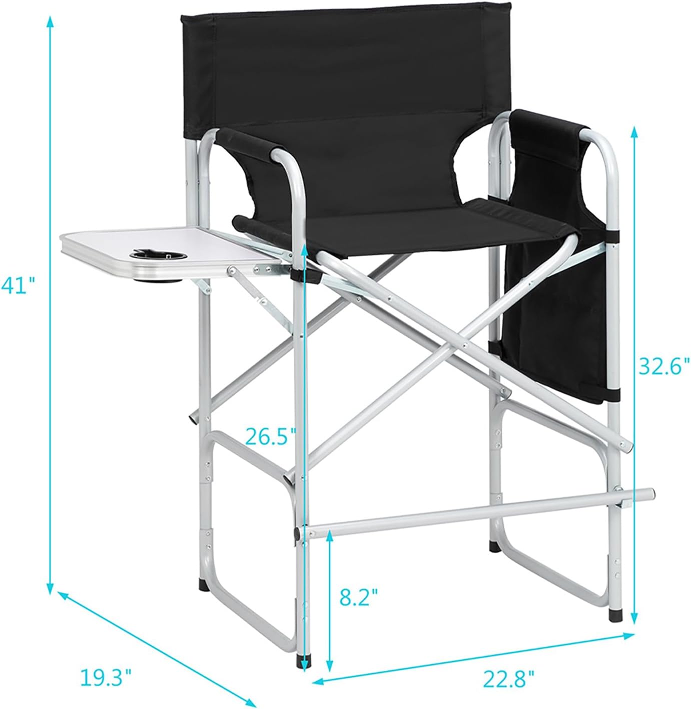 40.55" Tall Directors Chair Foldable Makeup Artist Chair,Portable Sports Chair Camping Chair with Side Table,Cup Holder and Pockets,High Make Up Chair for Artist Barber,265 lbs Capacity,Black 1 Pcs