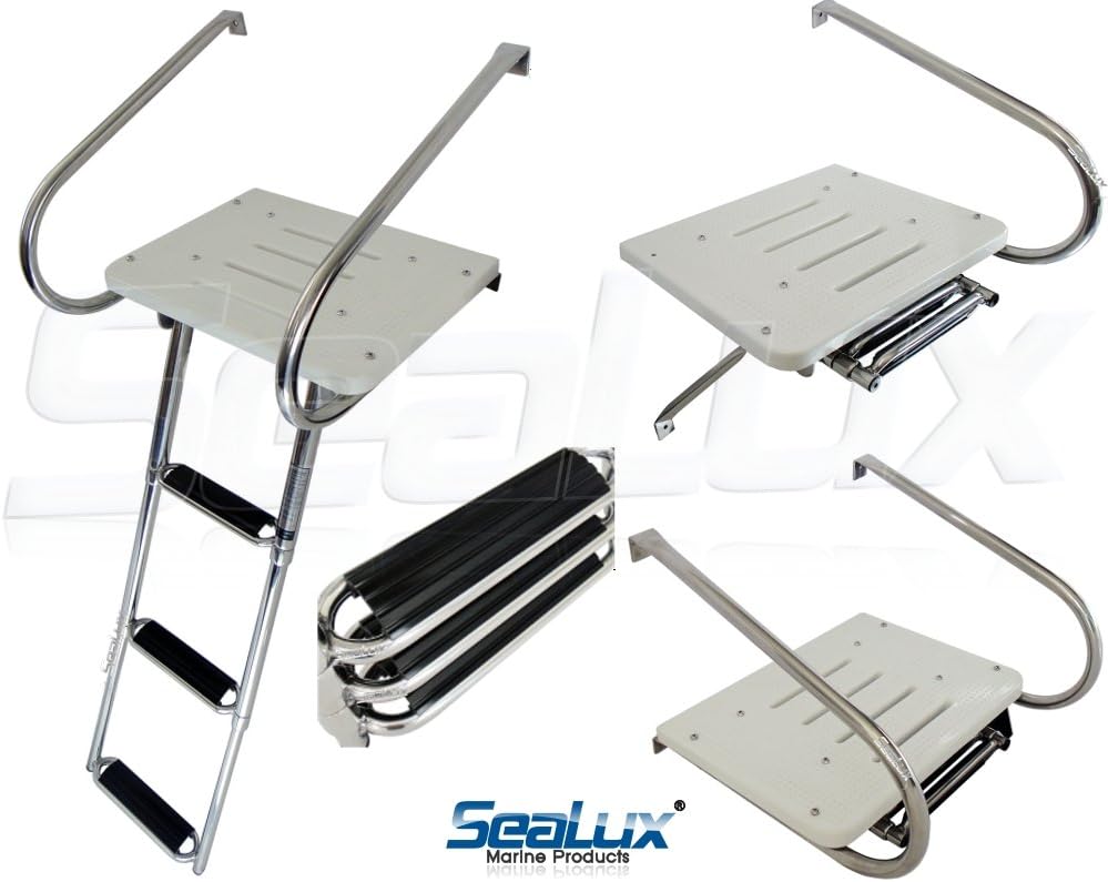 SeaLux Deluxe Inboard/Outboard TRANSOM Platform Under Slide Mount Extra Wide 3-Step Ladder