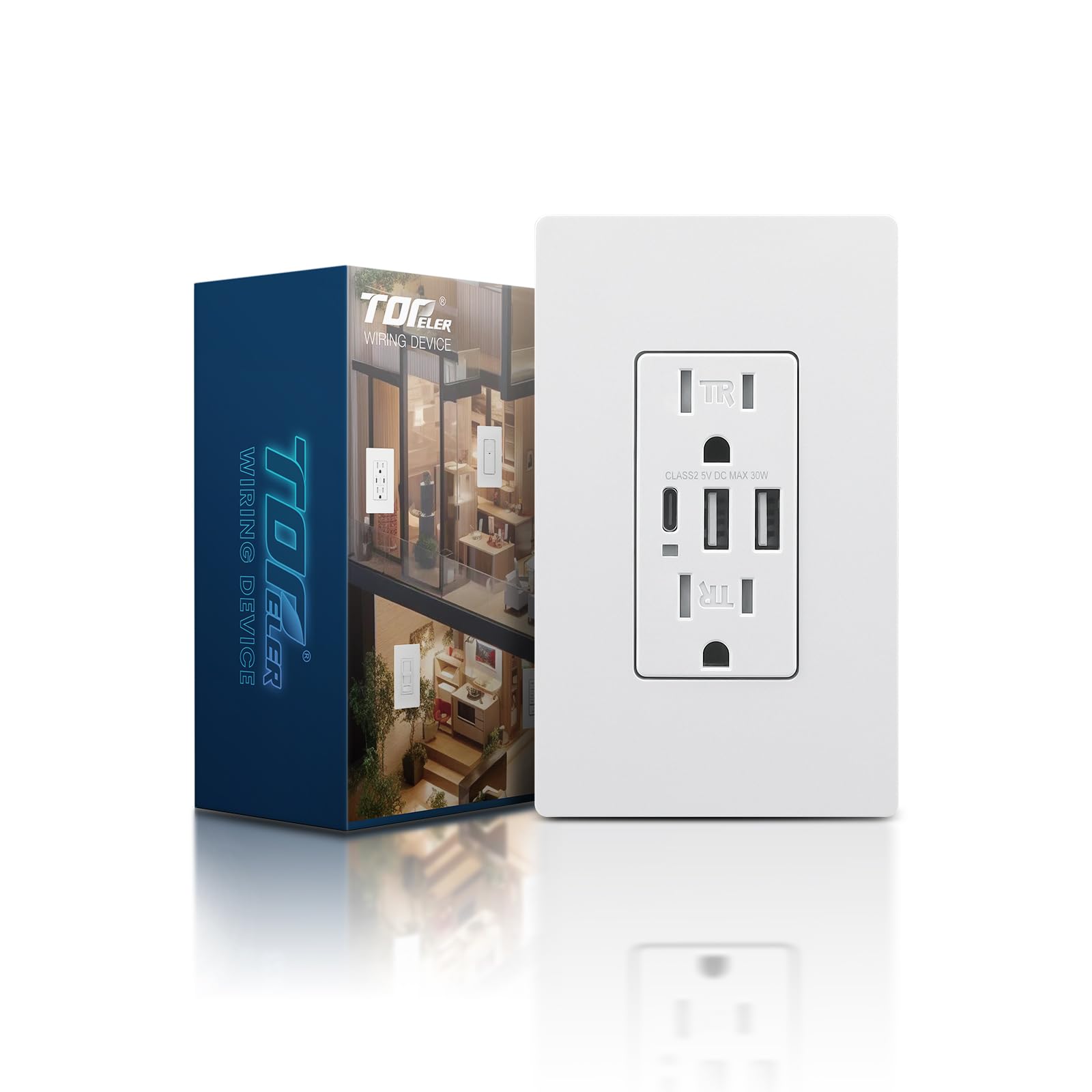TOPELER USB C Wall Outlet, 15A Tamper Resistant Receptacle with 3 USB Port, 6.0A 30W High Charging Power Electrical Outlet, Screwless Wall Plate Include, UL Listed & FCC Approval