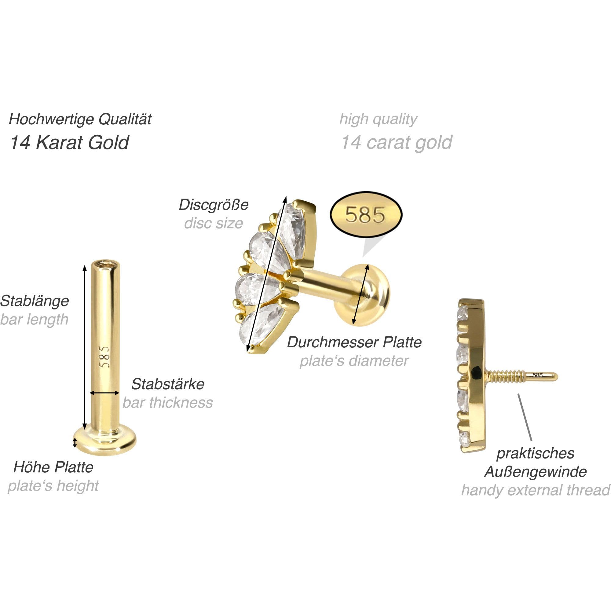 PIERCINGLINE Piercing Stecker 14 Gold Labret mit Innengewinde MOISSANIT-BOGEN 585er Gold - Roségoldfarben, Goldfarben, Silberfarben
