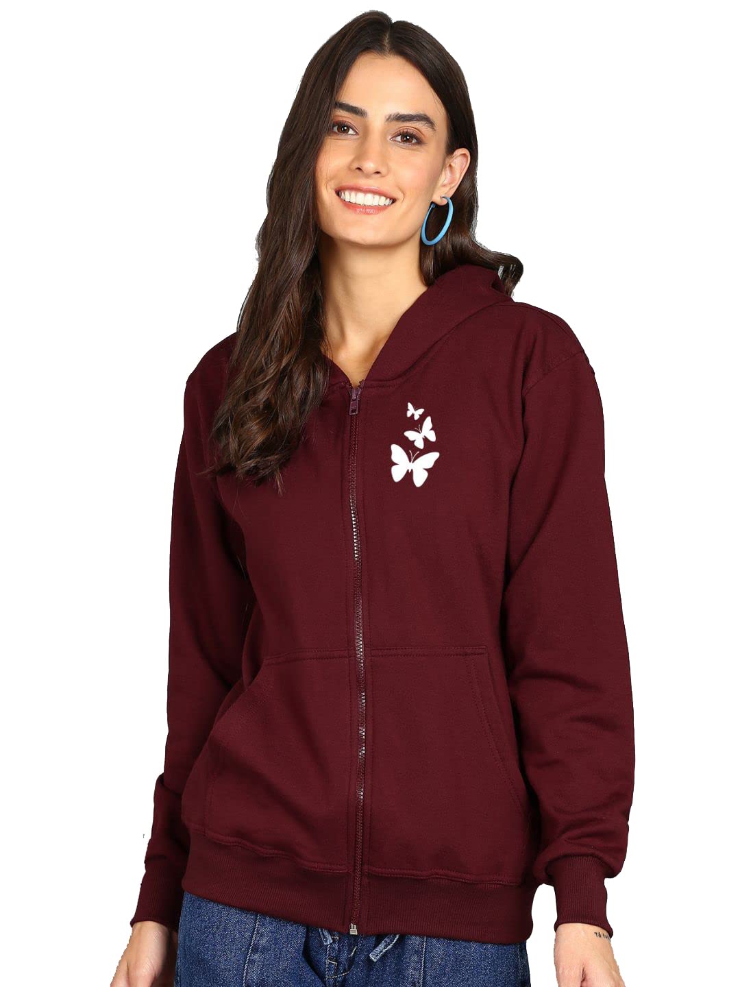 Butterfly Printed Women's Cotton Hooded Hoodies Sweatshirt with Zip Jacket Ladies Hoodie for Winter Sweatshirts for Women Winter wear Full Zipper Hoodies with 2 Kangaroo Pocket-image-33