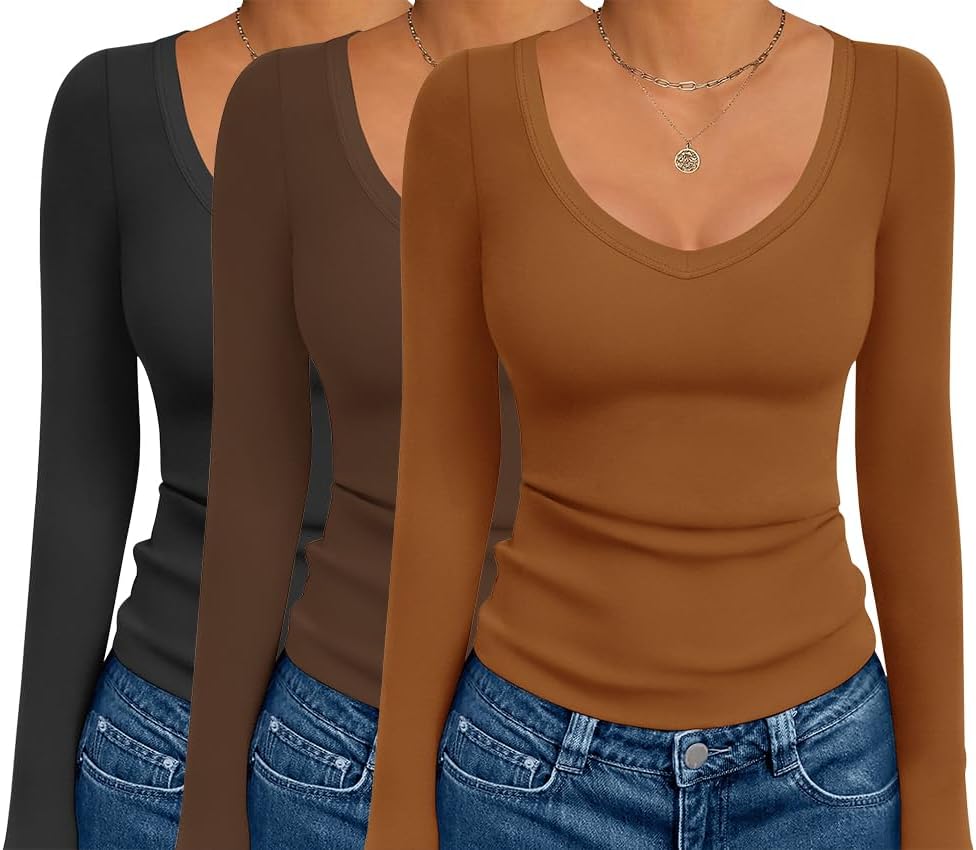 Ekouaer 3 Pack Long Sleeve Shirts for Women Deep V Neck Basic Thermal Tops Base Layer Undershirts XS-XXL