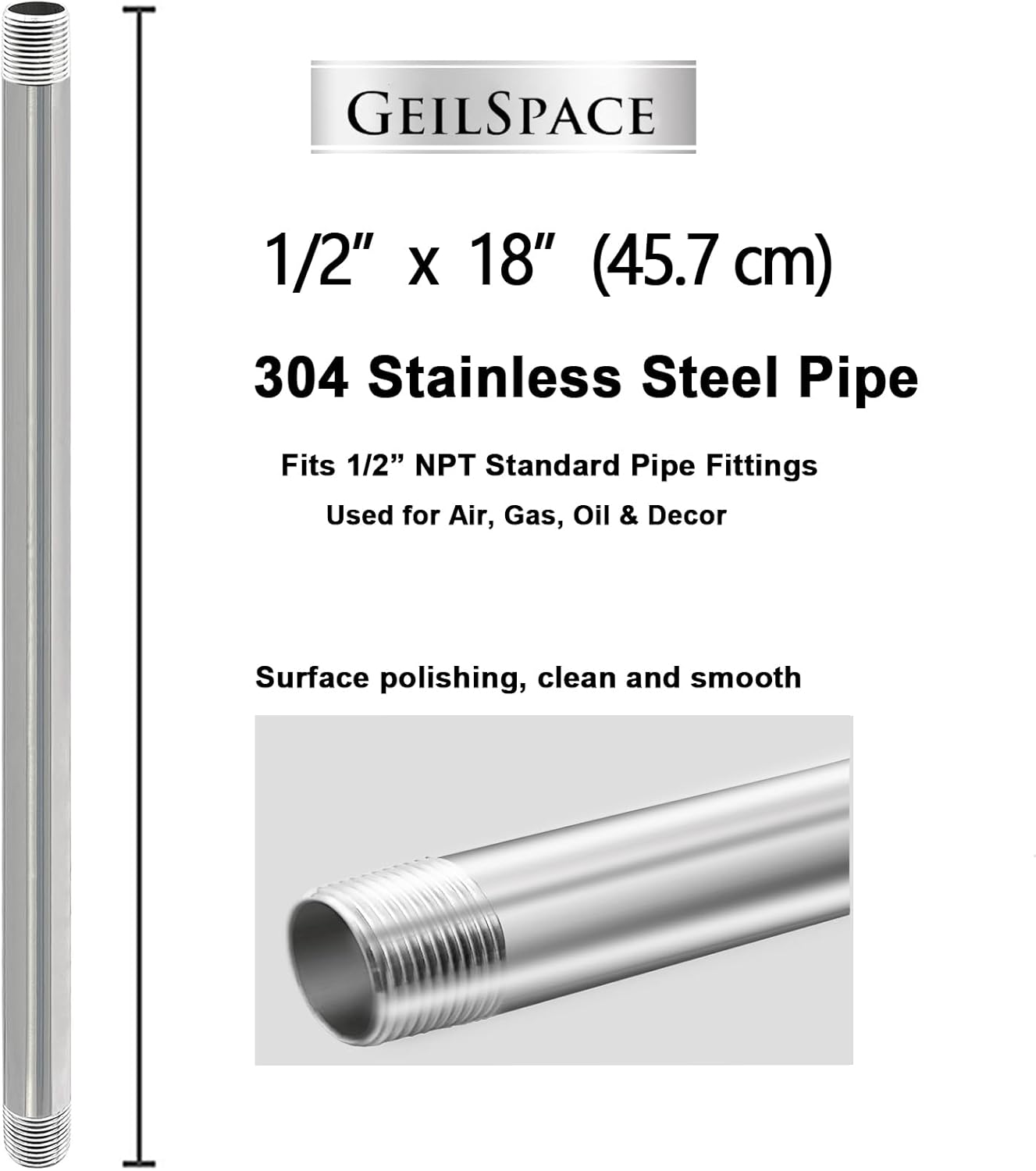 GeilSpace 1/2" x 18" Stainless Steel Pipe, 304 Pipe Nipple Fits Standard 1/2 Inch Threaded Pipes and Fittings, DIY Industrial Metal tube (2 PCS)