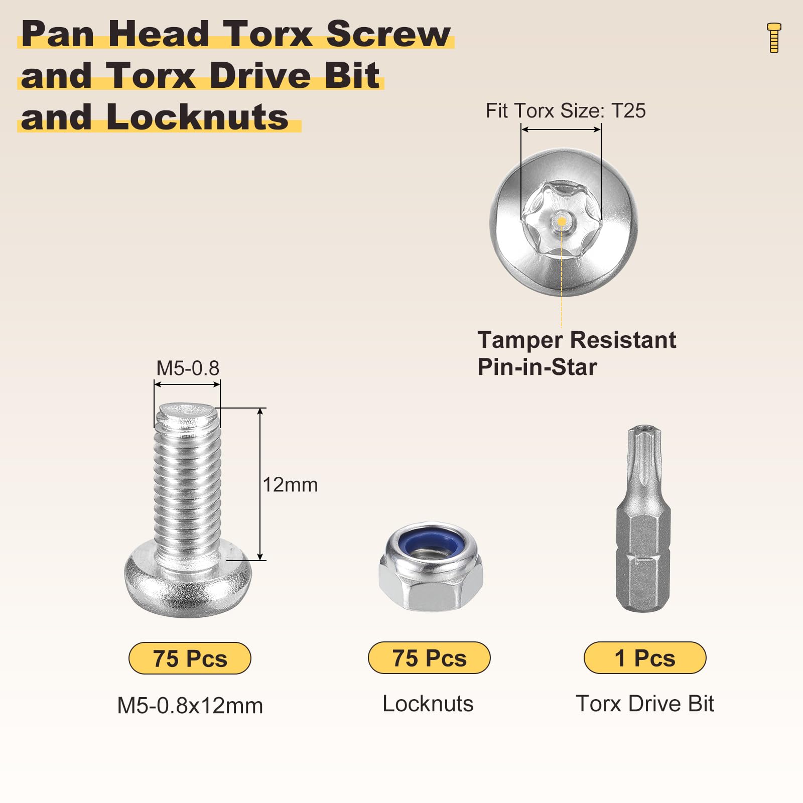 METALLIXITY Pan Head Torx Screws (M5-0.8x12mm) 150pcs with Locknuts and Torx Drive Bit Kit, Button Head Machine Screws - Image 2