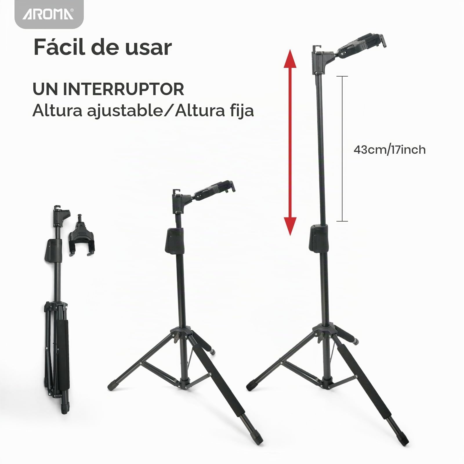 AROMA Soporte de Bajo Universal para Guitarras Acústicas, Eléctricas y Clásicas Soporte de Suelo Plegable con Sujeción Automática del Mástil, Trípode Sólido y Ajuste con un Solo Botón
