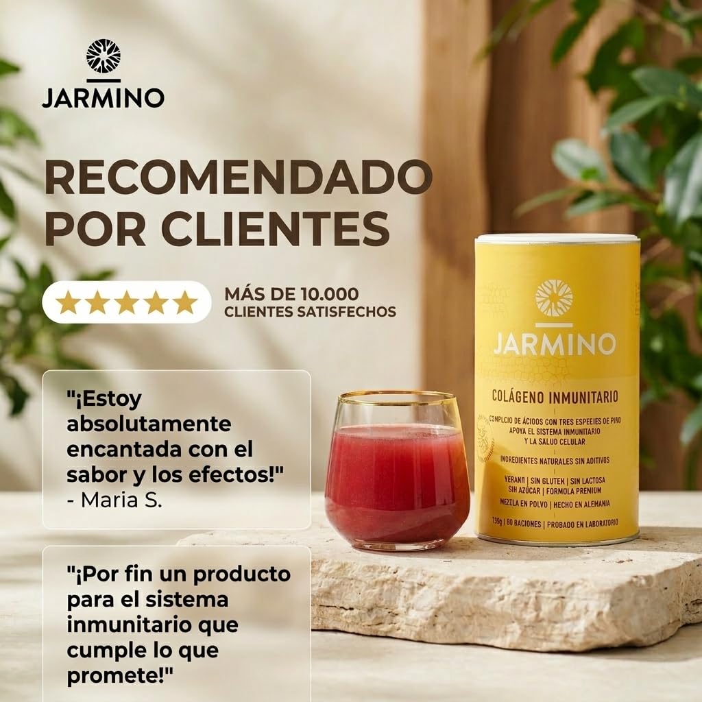Hidrolizado de Colágeno con L-Glutamina - Fortalece el Sistema Inmunológico | Vitamina C, D, Selenio, Zinc, Jengibre, Saúco, Hongos Vitales | 450g Glutamina Inmune en Polvo | JARMINO
