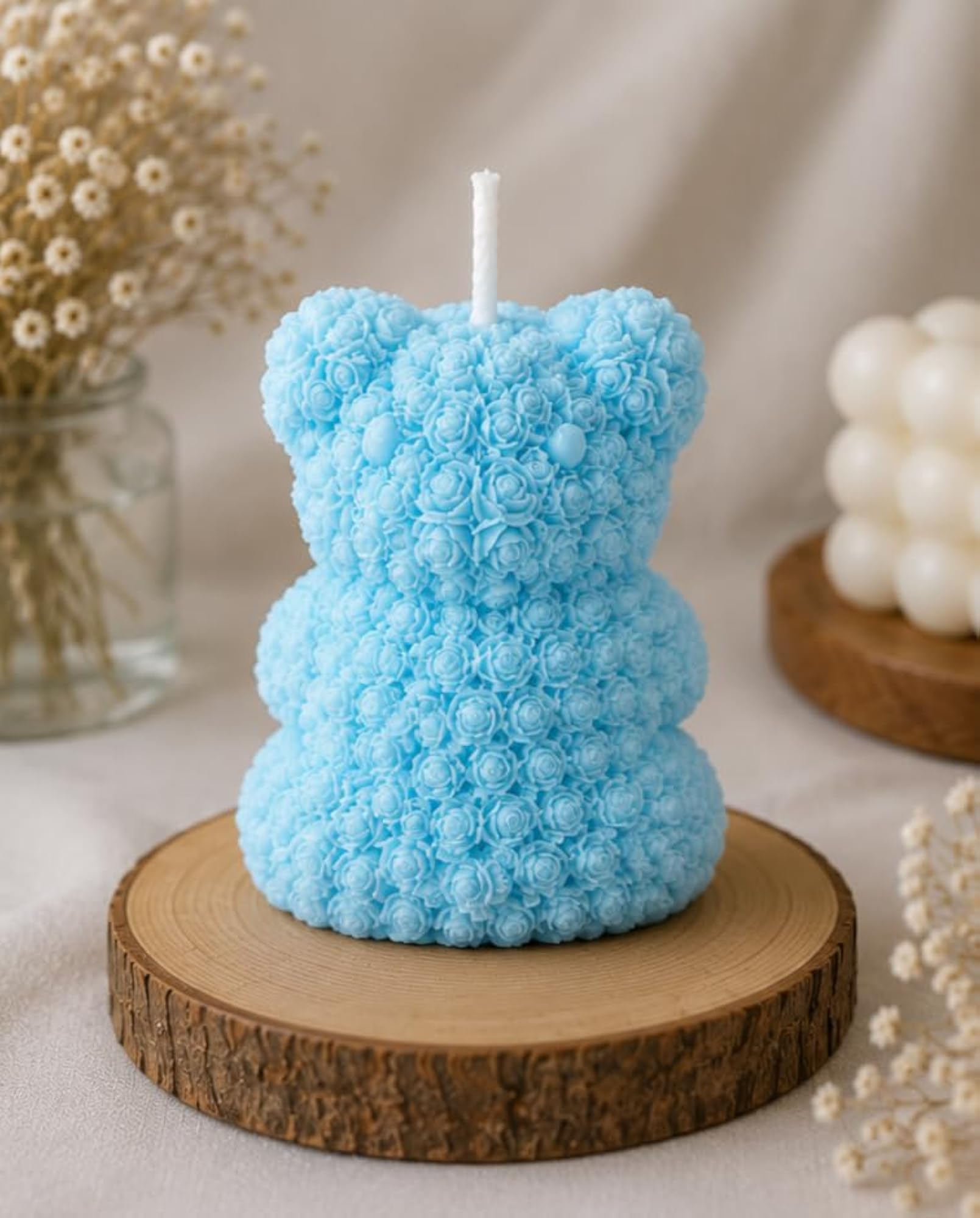 Rose Teddy Bear Candle with Heart, Pink