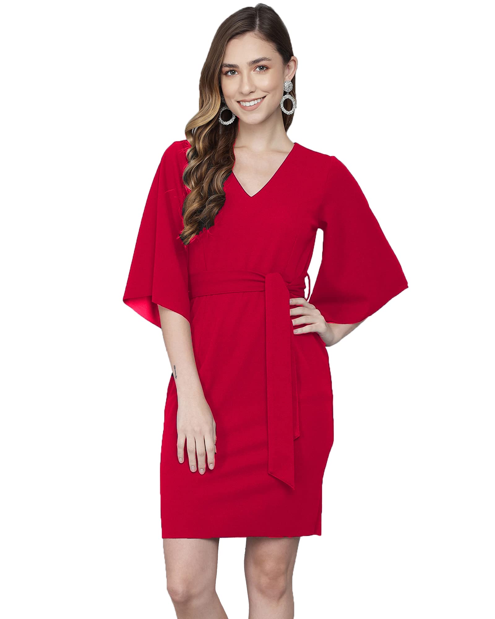 Addyvero V-Neck 3/4 Sleeve Cotton Blend Solid Bodycon Knee-Length Women Dress (Red, S)