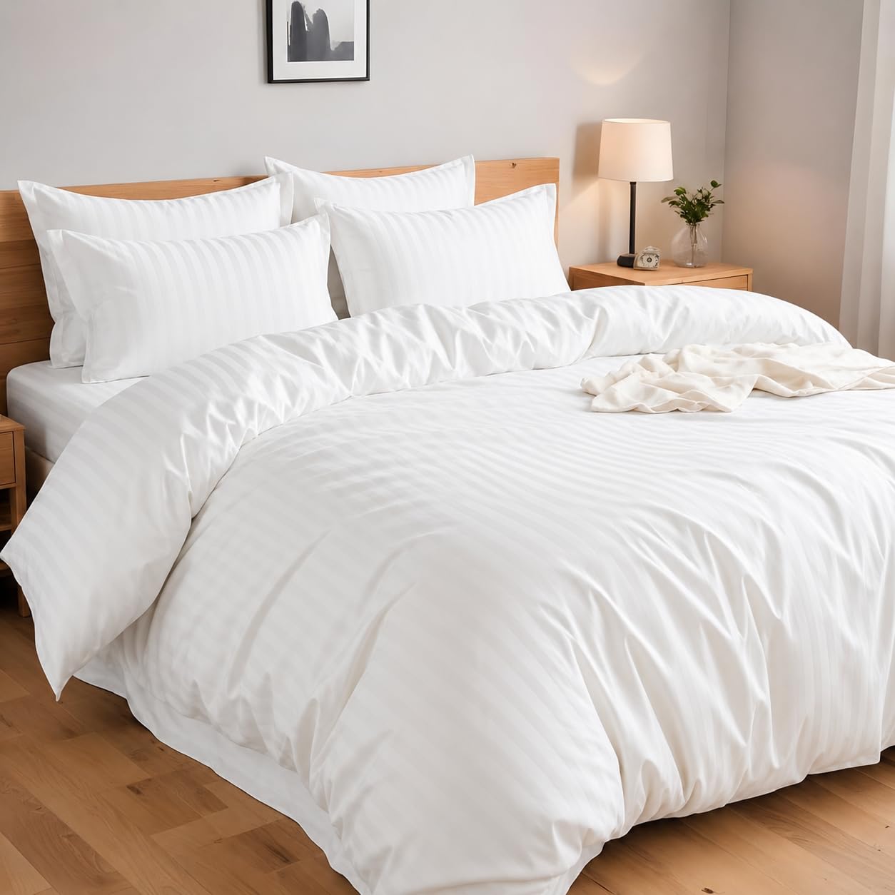 4AS Single Duvet Cover Set with Pillowcase - Soft Microfiber Striped Bedding Set, Wrinkle Resistant Quilt Cover with Durable Button Closure (White, 137x200cm)