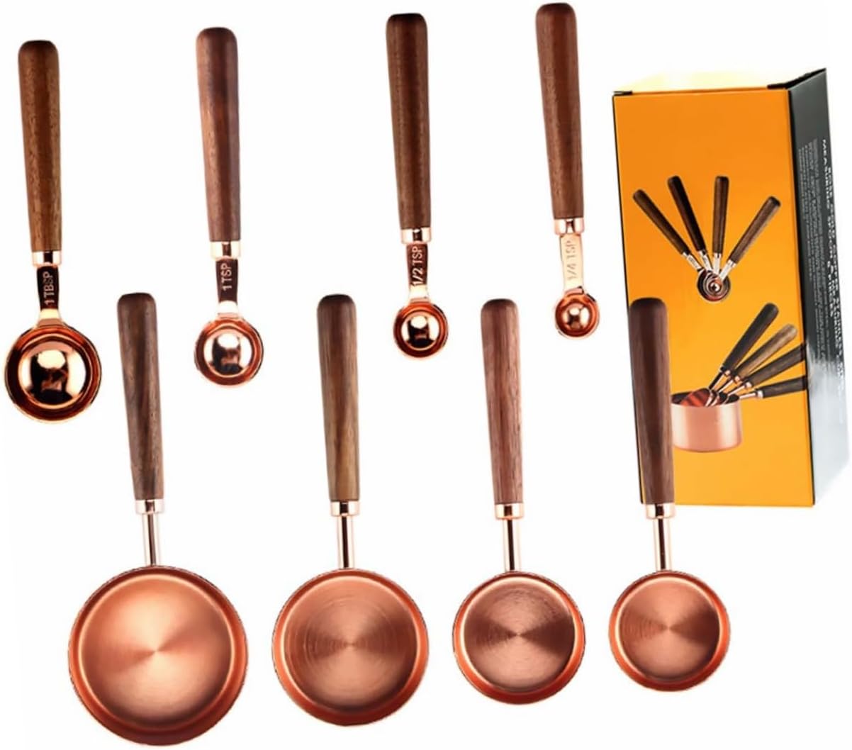 1set Stainless Steel Measuring Spoons and Cups Set Walnut Handles for Cooking and Baking Accurate Measurements for Spices Flour and Liquids