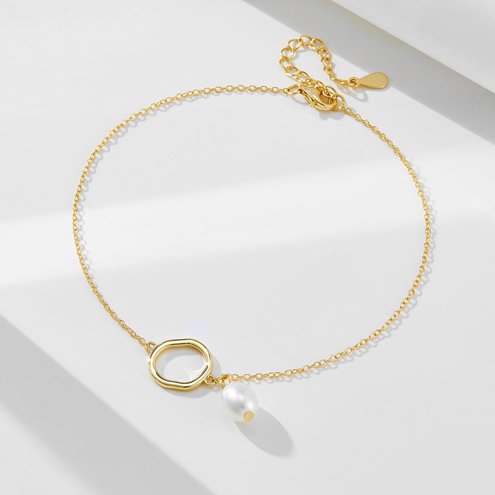 Pulsera tobillera con círculo irregular con perla para mujer, oro de 18 quilates con perla, pulsera tobillera para mujer, oro amarillo de 9 quilates, 14 y 18 quilates
