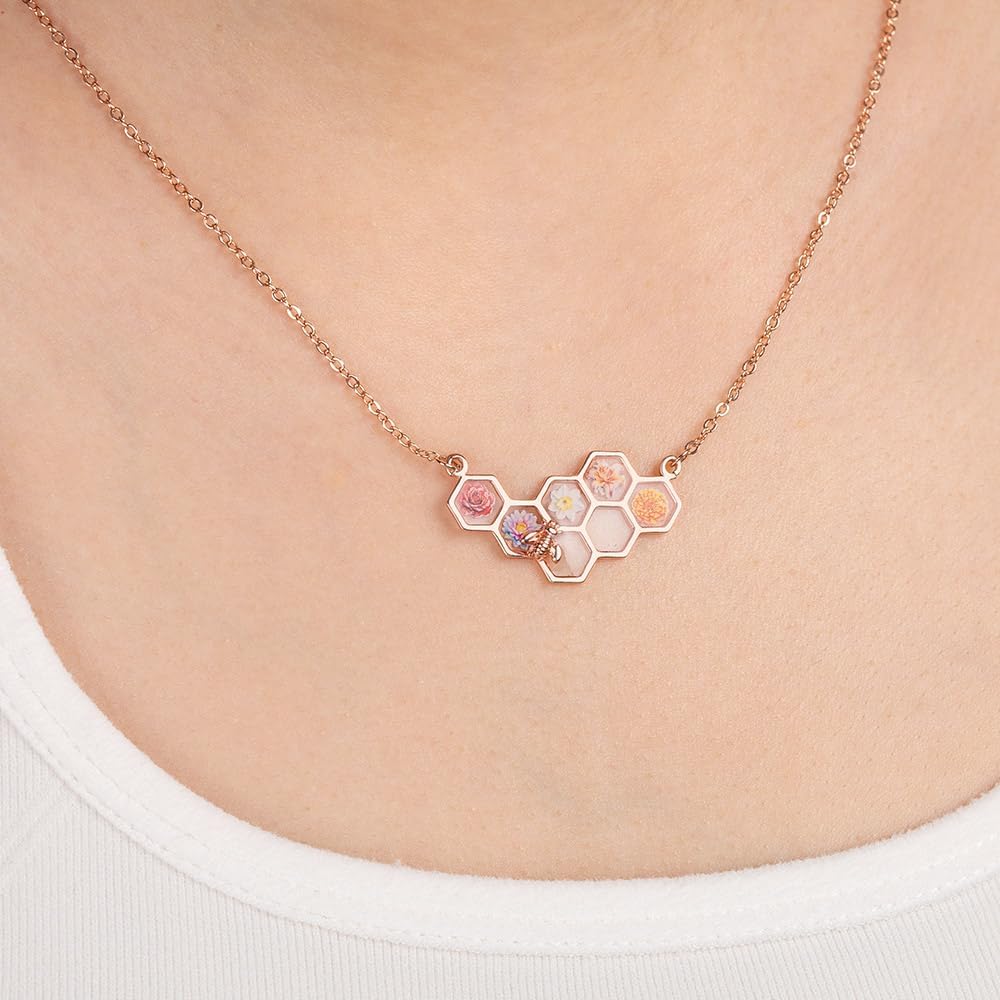 Custom Bee Necklace For Women Sterling Silver 925/Brass Personalized 1-16 Birth Flower Necklace Honeycomb Jewelry Unique Birthday Gifts For Mother Grandma Her - Image 8