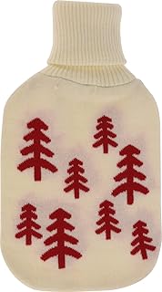 Bolsa de agua caliente con funda de punto suave y mullida, diseño invernal, 33 cm, 1 litro, color crudo/rojo