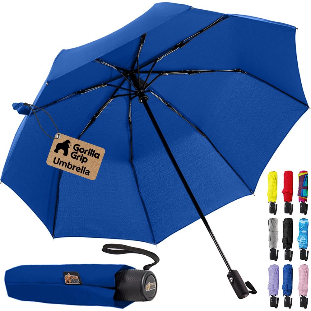 GORILLA GRIP Compact Travel Size Umbrella for Rain, Sleek Design, Navy