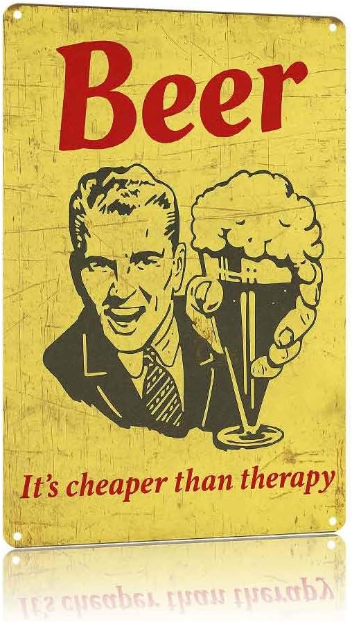 Beer It's Cheaper Than Therapy Yellow Beer Retro Bar Metal Sign 8X12 Inch