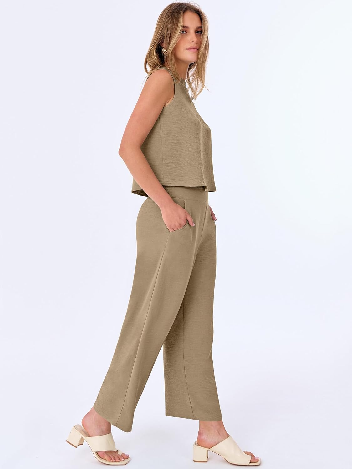 ANRABESS Women Lounge Sets 2 Piece Outfits Summer Sleeveless Crop Tops Capri Wide Leg Pants Vacation Beach Travel Sets - Image 4