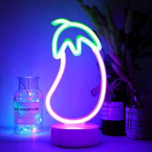 Miniatura 6 de Letrero de neón de berenjena con base, luz LED de neón de WIOSOUL para decoración de pared, USB o batería, letreros iluminados para dormitorio,