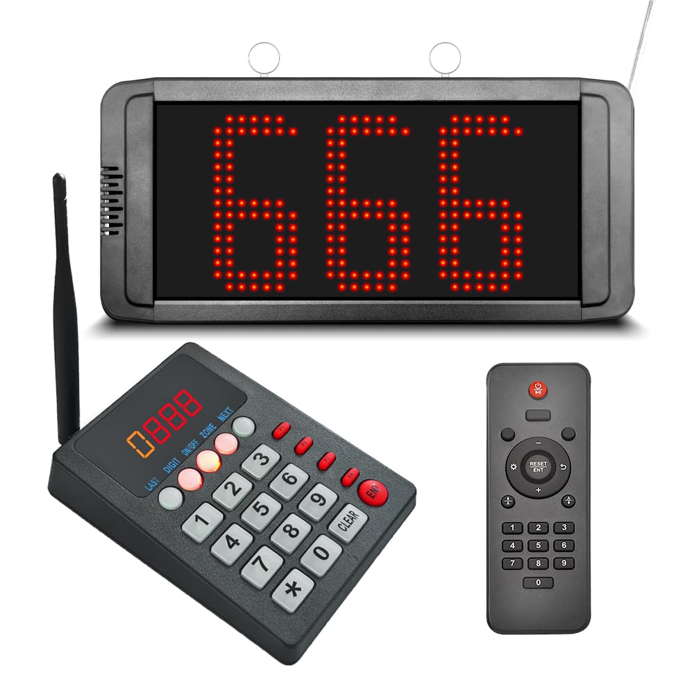 Wireless Queue Calling System Take a Number System 3-Dight Now Serving Number System with Voice Prompt for Restaurant Hospital Bank Waiting Line Management (1 Keypad + 1 Display)