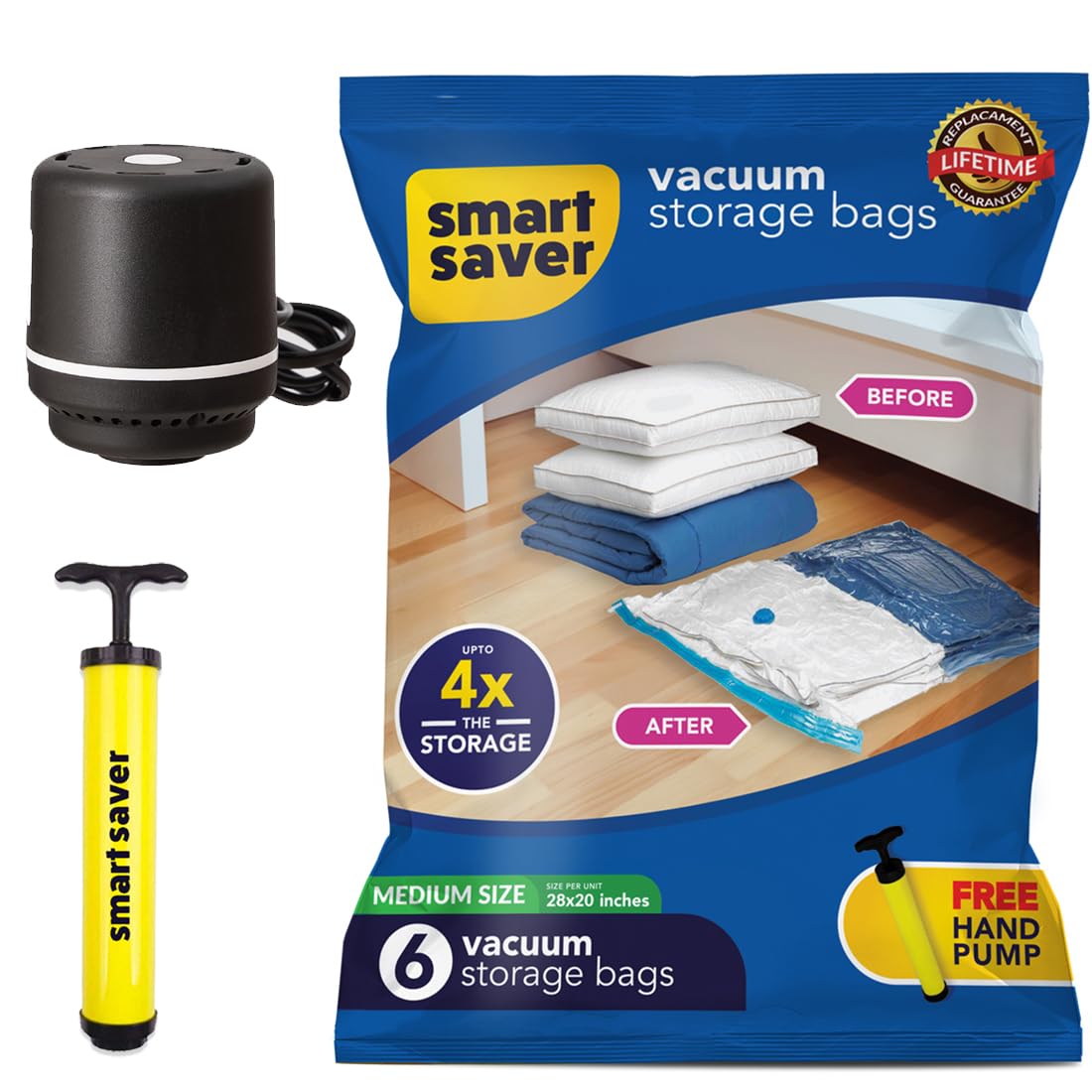 Smart Saver Plastic Vacuum Compression Bags|Vacuum Storage Bags|Vacuum Bags For Travel|Space Saver Vacuum Bags(6Medium + Electric And Manual Pump),White