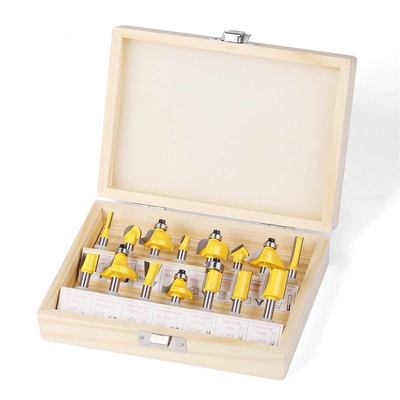 Torno, Torno, 15-Pieza 1/4" Juego De Brocas Con Mango Fresa Cuentas Rectas Herramientas Corte Carburo Para Carpintería, para bricolaje CNC mecanizado madera piedra(15pcs-Wooden box)