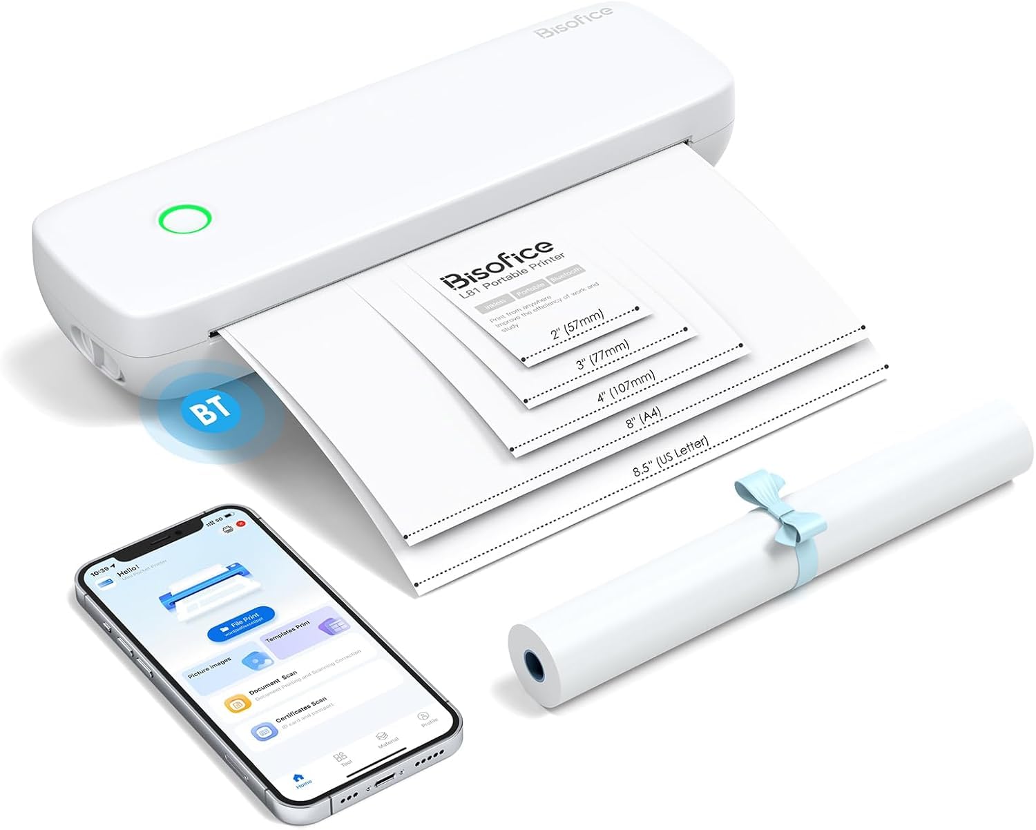 Bisofice Impresora Térmica Portátil A4, Bluetooth Impresora Termica A4, con 1 Rollos de Papel térmico, Compatible con Android/iOS/Wins/Mac, para Escuelas, Hogares y Oficinas