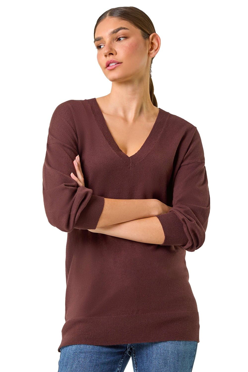 Roman Originals Women's Chocolate V-Neck Jumper For Uk Boyfriend Fit Slouch Sweater Winter Autumn Textured Casual Flattering Knit Pullover Knitwear Daywear Lightweight Lounge - Size 14