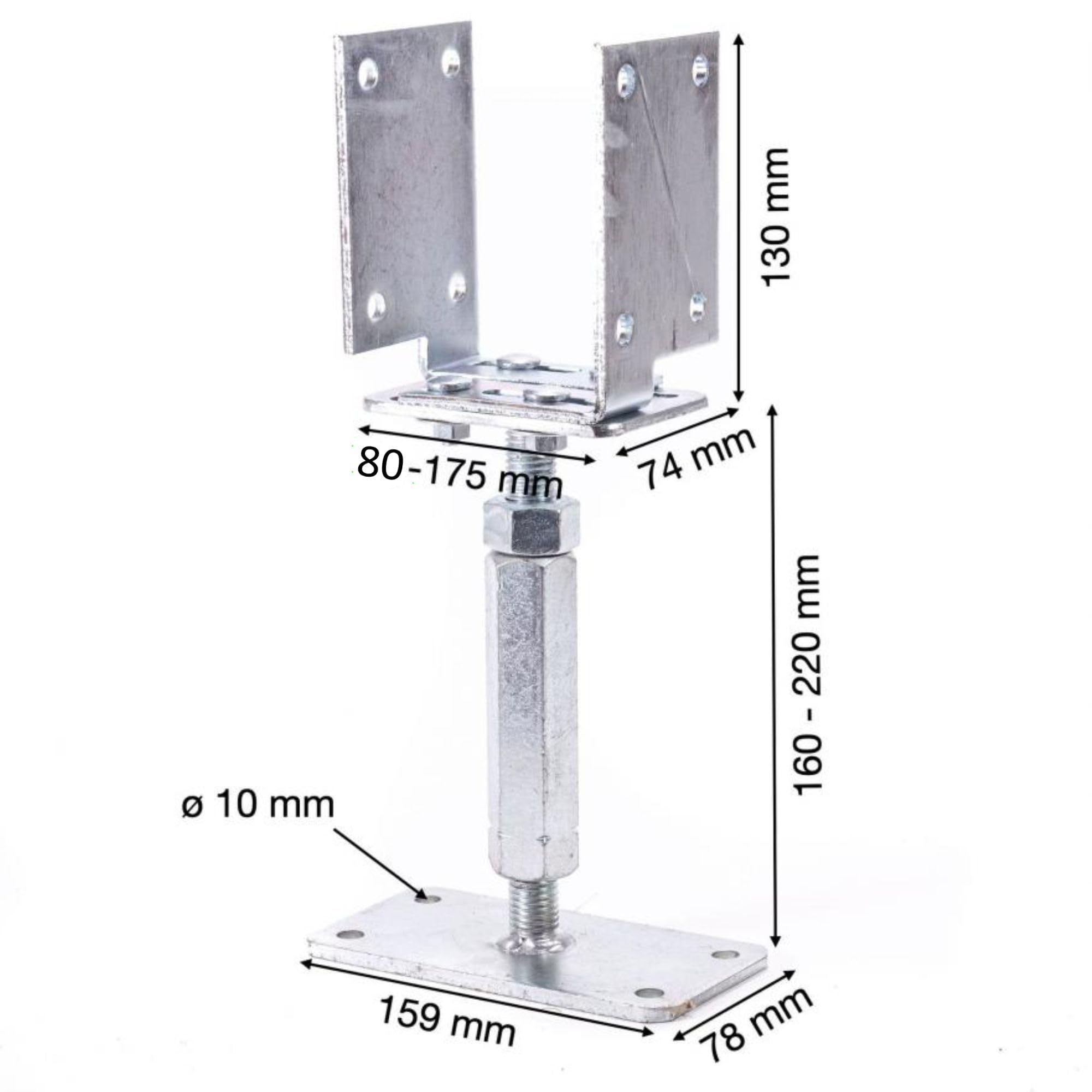 10 x Pfostenträger U-Form verstellbar Stahl verzinkt 80–175 mm Aufnahme 160–220 mm Höhe Pfostenanker zum Aufdübeln für Holzpfosten Zaun Carport