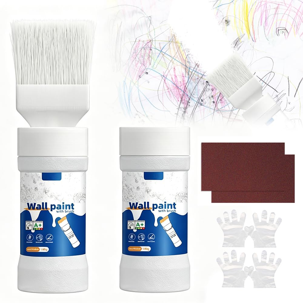 Wall Repair Rolling Brush, Wall Repair Roller Paint White, 2 Pcs Drying Latex Paint Roller with 1 Brush, 2 Gloves and Sandpaper, Suitable for Graffiti Scratches Stains for Bedroom, Living Room