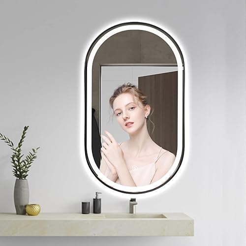 Miniatura 46 de Espejo de baño LED ovalado de 32 x 20 pulgadas con luces, espejo de tocador negro con luz antiniebla montado en la pared, espejo ovalado LED