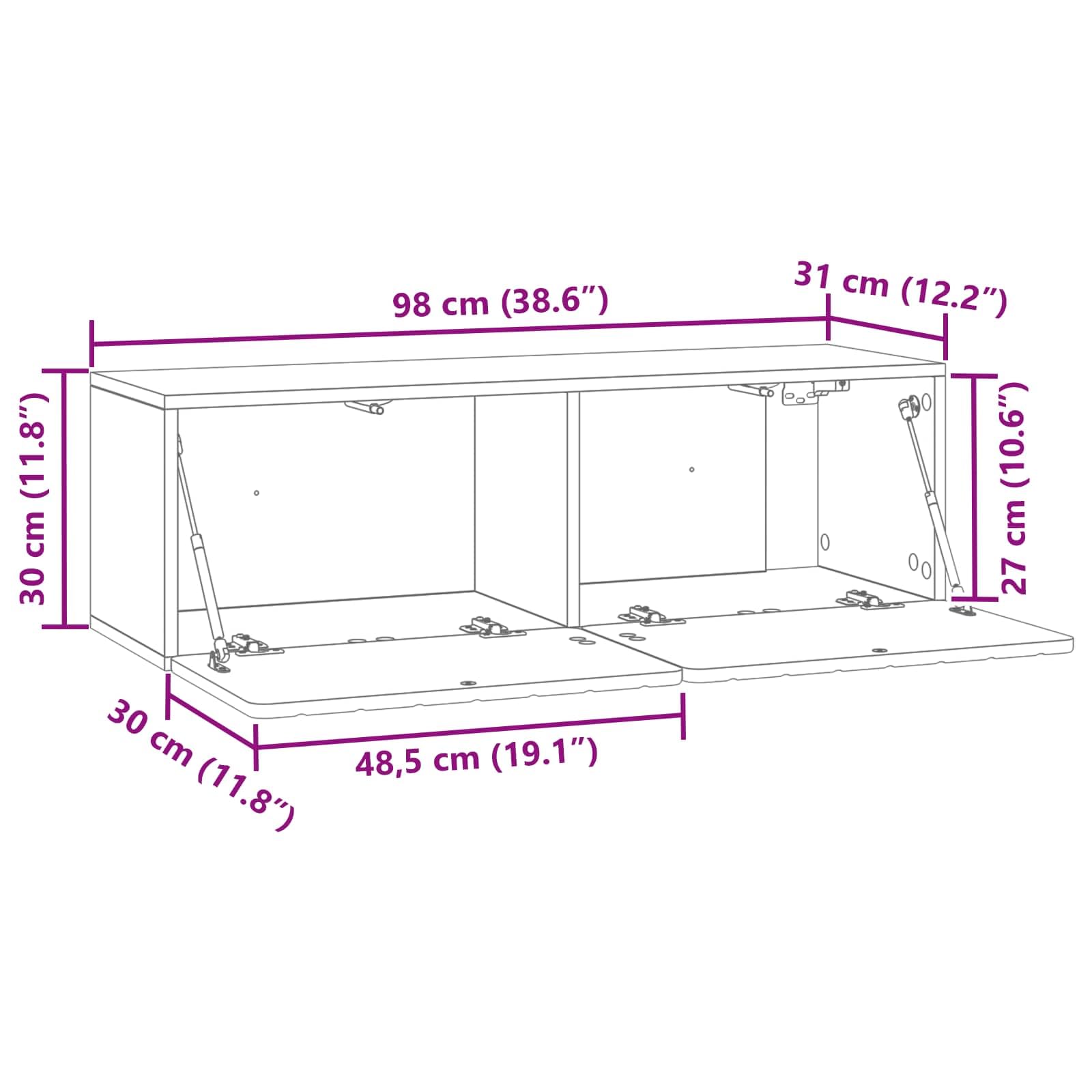 Mueble de TV montado en la pared, color blanco brillante, 98 x 31 x 30 cm, moderno mueble de TV colgante de madera con 2 puertas abatibles, ahorra espacio para el salón