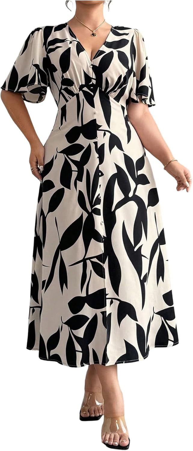 Floerns Women's Plus Size Tropical Midi Dress Flounce Sleeve V Neck Split A Line Vacation Dresses