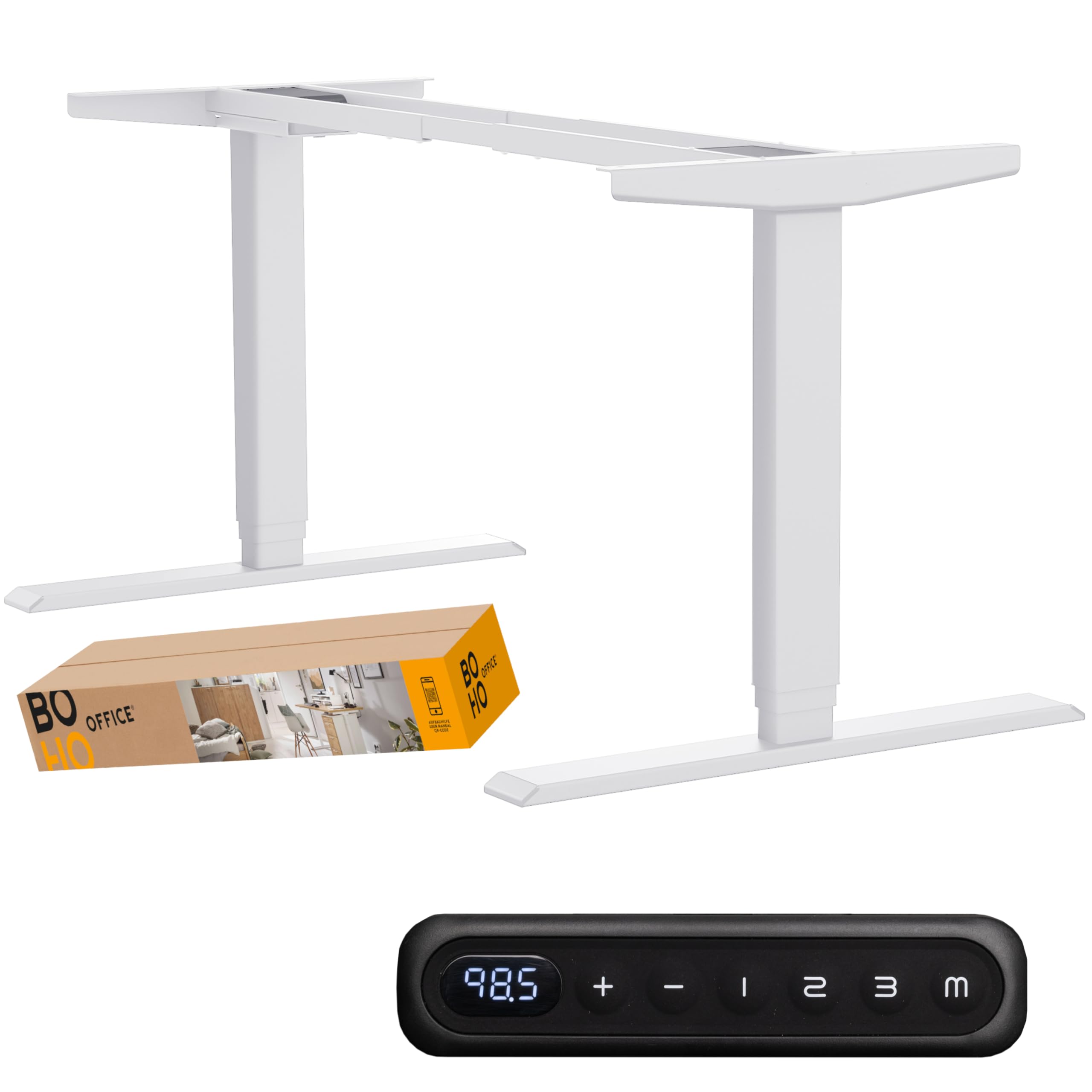 boho office Höhenverstellbarer Schreibtisch Gestell – Elektrisch stufenlos, inkl. Wireless Charger, 2 Motoren, 3-Fach Teleskop, Memoryfunktion, Kollisionsschutz, Kindersicherung – Homedesk Weiß